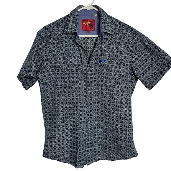 RCCO Rodeo Shirt Mens M Blue Pearl Snap Short Sleeve Western Cowboy Pockets - Picture 1 of 7